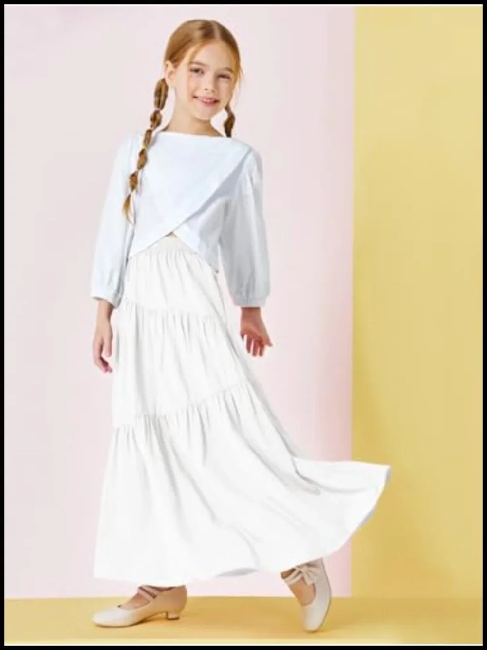 Girls Elastic Waist Maxi Skirt Tiered Pleated A-Line with Pockets
